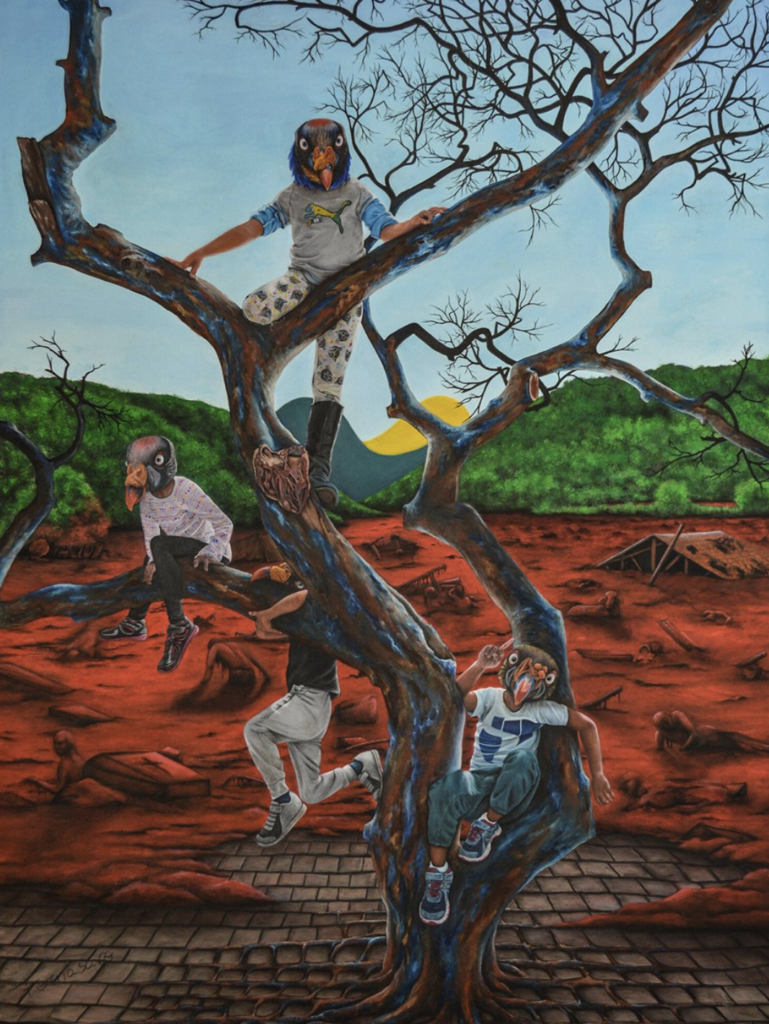 A painting of Brumhadino depicting the aftermath of a mining dam tailing disaster in Minas Gerais , Brazil, highlighting its devastating impact on both human life and the environment. In the foreground, children with vulture-like faces symbolize the duality of humanity, representing the potential for innovation and progress as well as the propensity for greed and destruction. In the background, the logo of the company responsible for the disaster serves as a stark reminder of corporate accountability amidst environmental crises