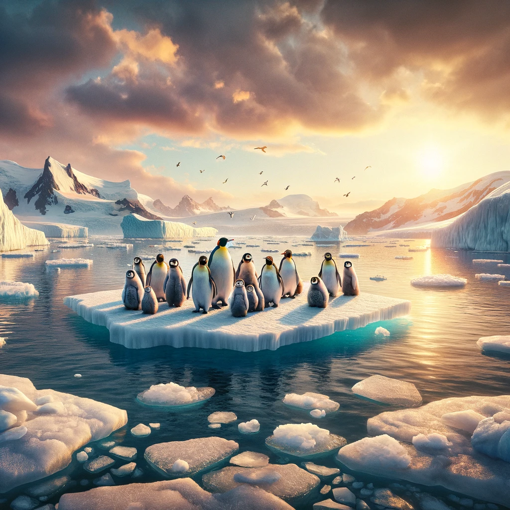 An illustration depicting a family of penguins on a small, melting ice floe in a vast open water setting. The sky above blends warm and cool tones, symbolizing the changing climate. The penguins, appearing concerned, huddle together, highlighting their vulnerability amidst the environmental shifts. This scene poignantly combines aesthetic appeal with a message on the significance of climate awareness and the impacts of human actions on natural ecosystems.